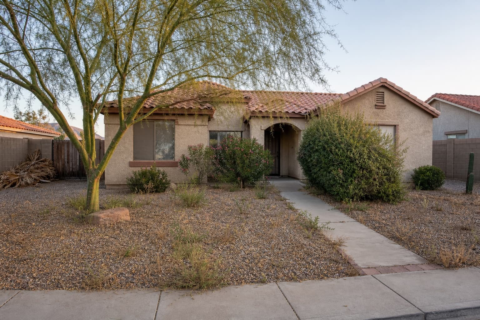 Front-yard reset: weeds and dead fronds → clean raked gravel before