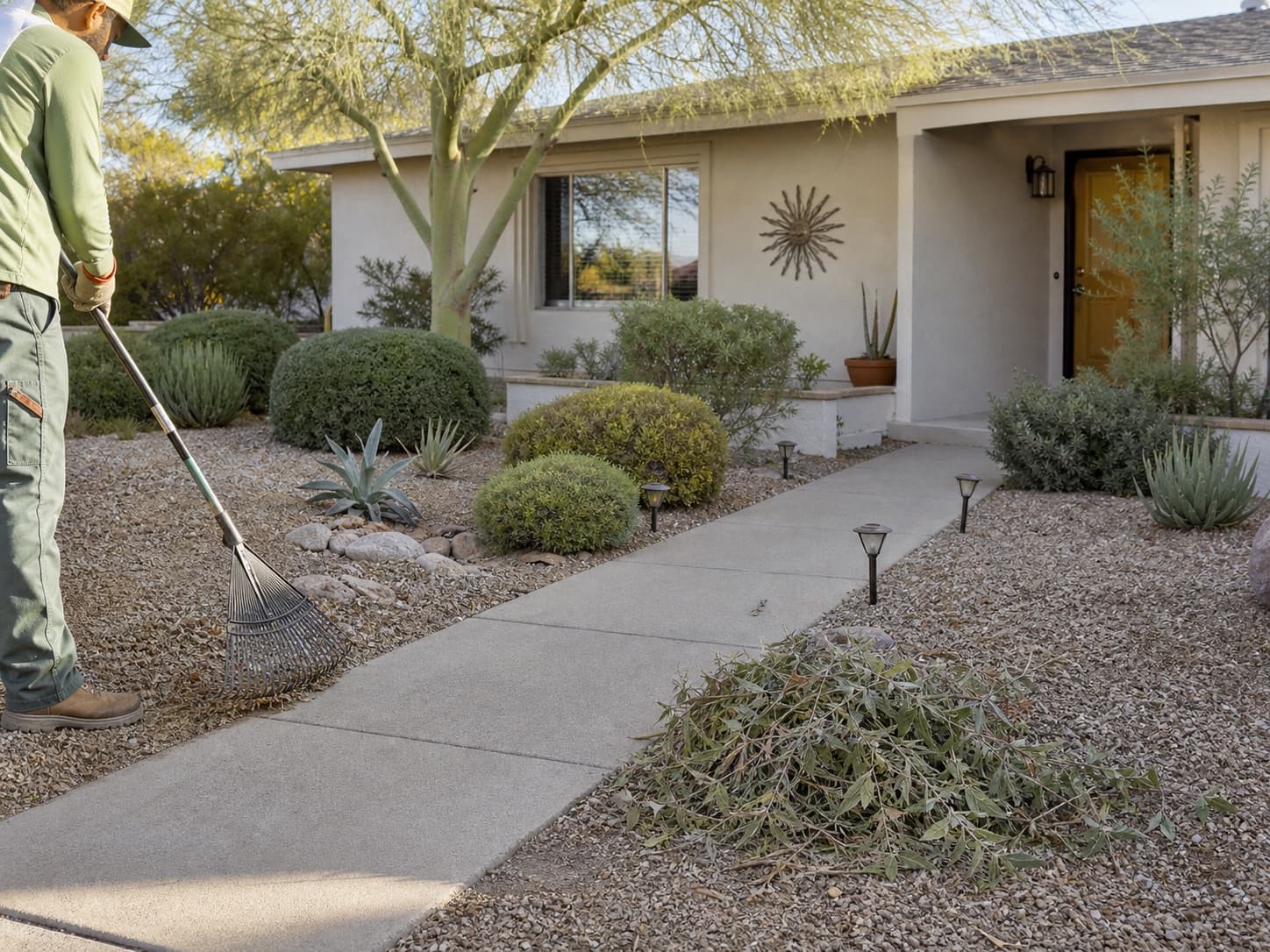 Freshly cleared Phoenix front yard with raked gravel and trimmed desert plants