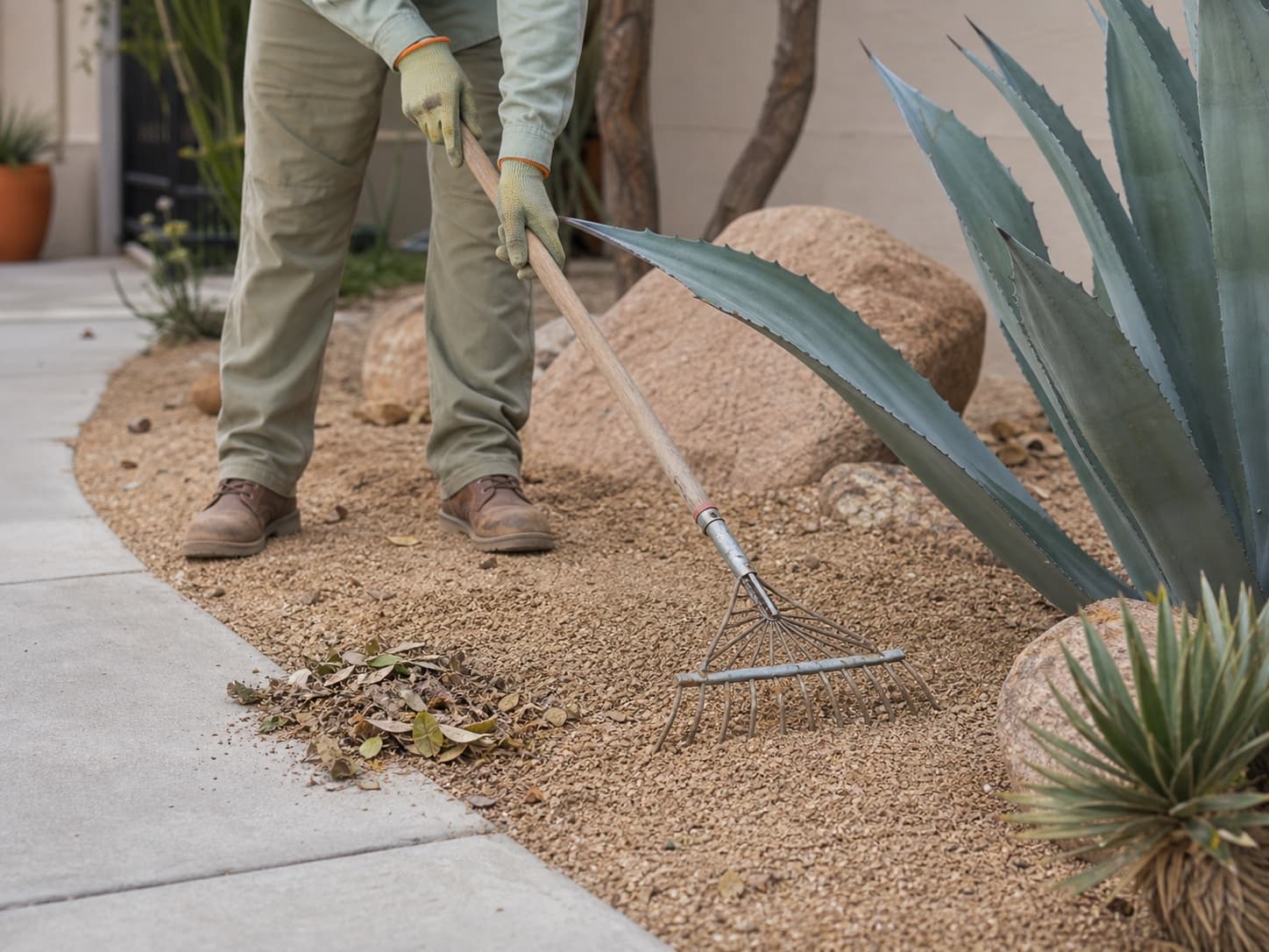 Raked gravel landscape with crisp borders and a clear walkway