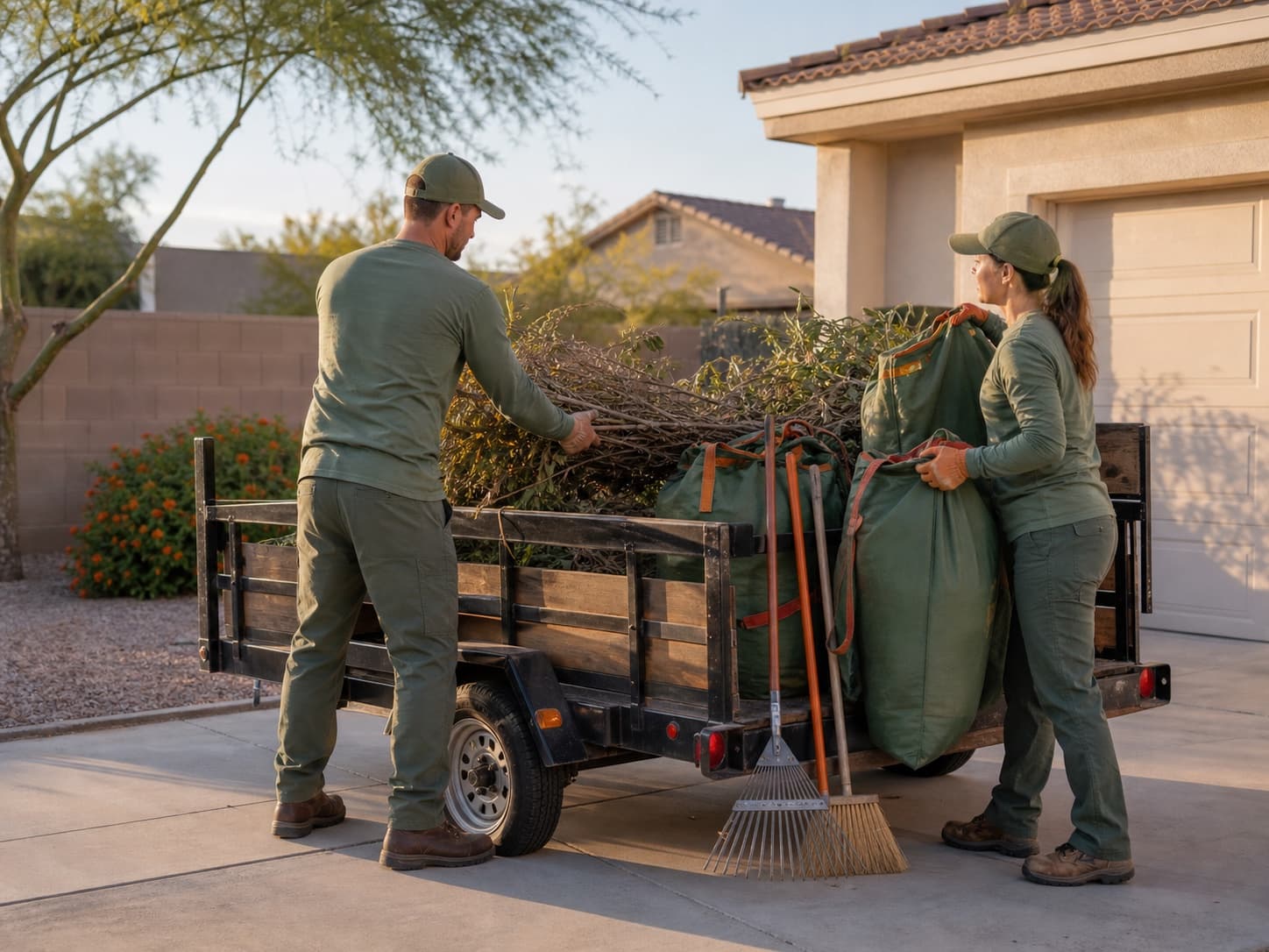 Bagged green waste and trimmed branches staged for haul-away after a cleanup