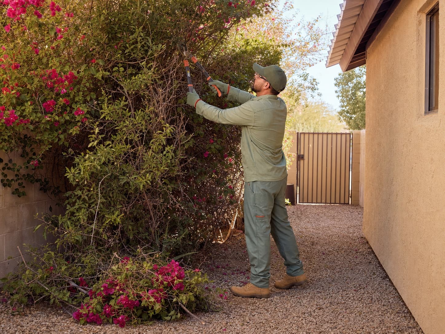 Crew member shaping a desert shrub during a yard cleanup