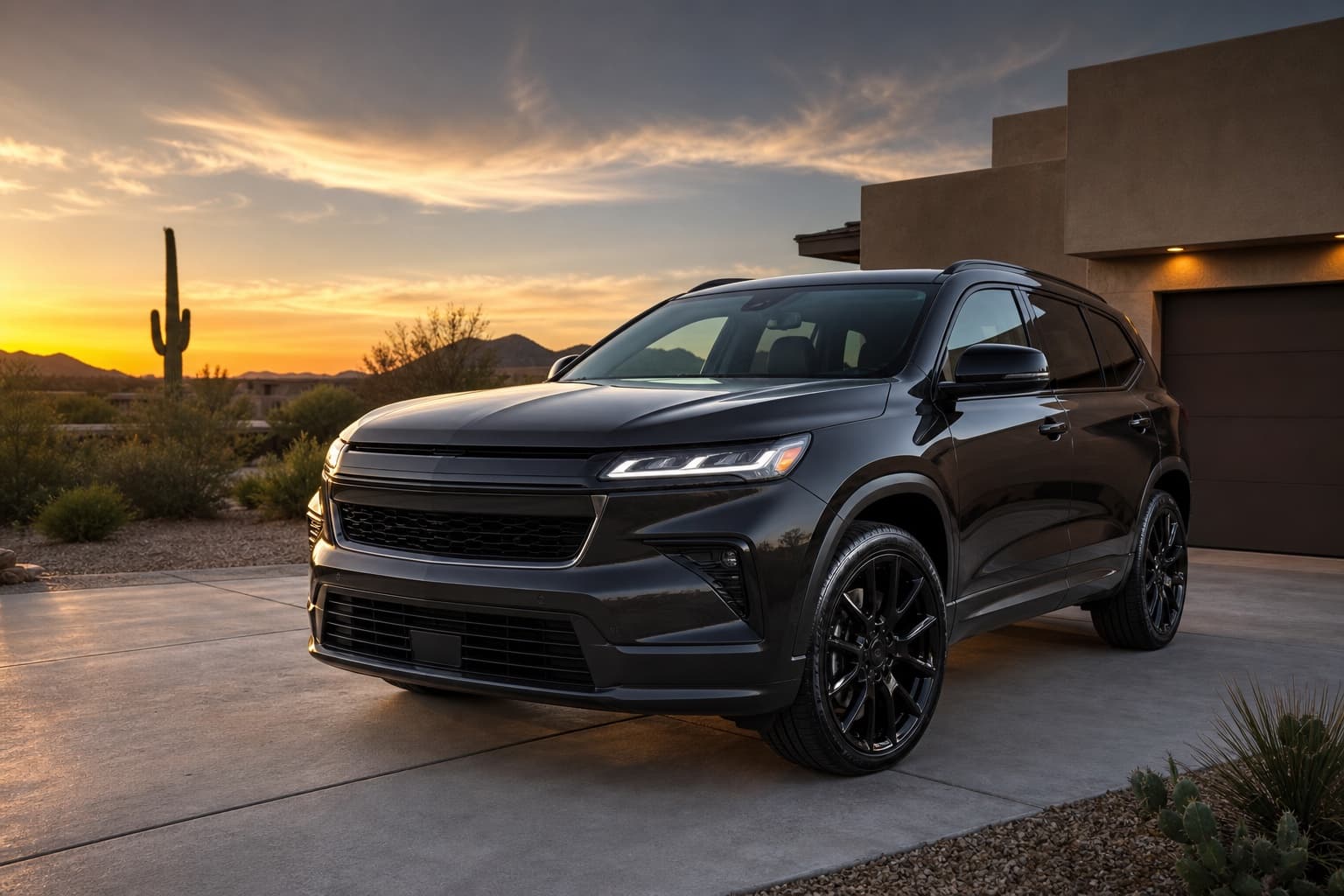 Polished black SUV on a Phoenix driveway at sunset
