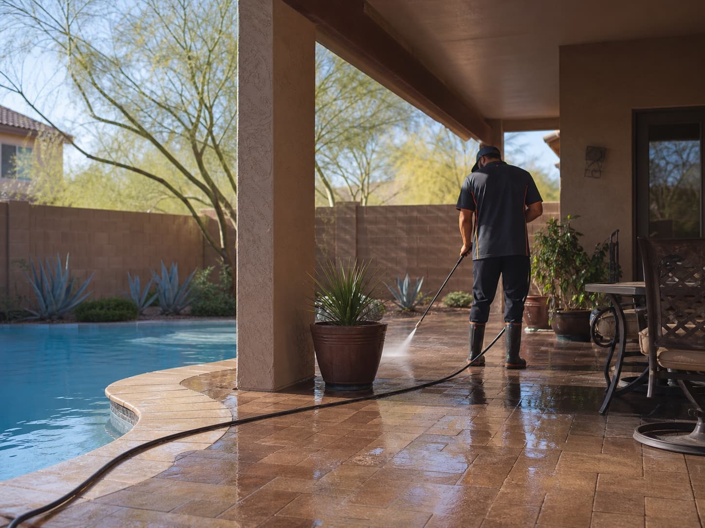 Freshly rinsed patio with clean concrete beside desert landscaping