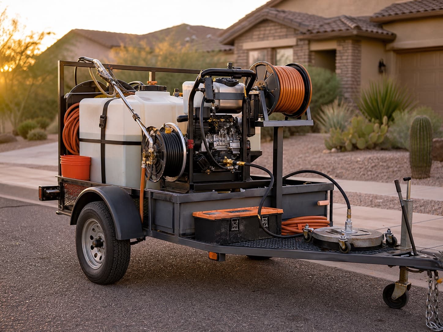 Pressure-washing hose, wand, and surface cleaner organized beside a work vehicle