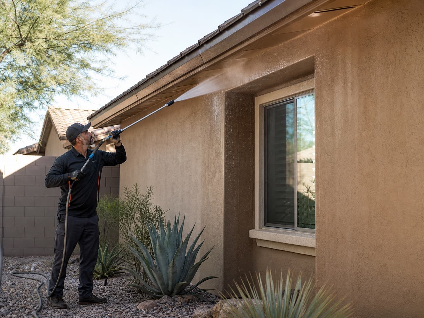 Technician preparing a low-pressure exterior wash on a stucco home