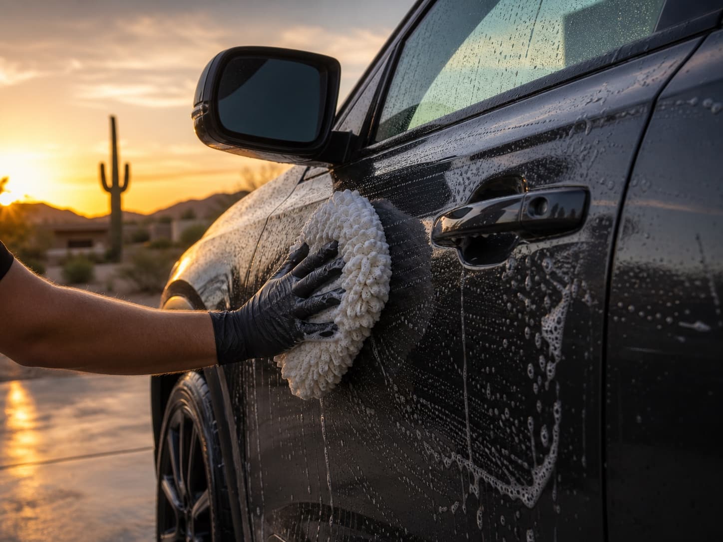Detailer washing an SUV by hand on a Phoenix driveway